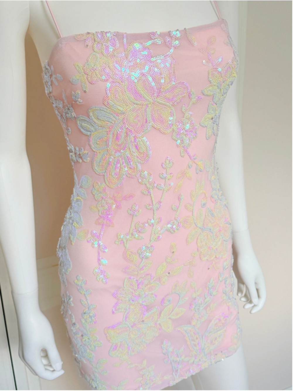 Size Large Pink Iridescent Sequin Mini Cocktail Party Homecoming Hoco Dress - Picture 4 of 5